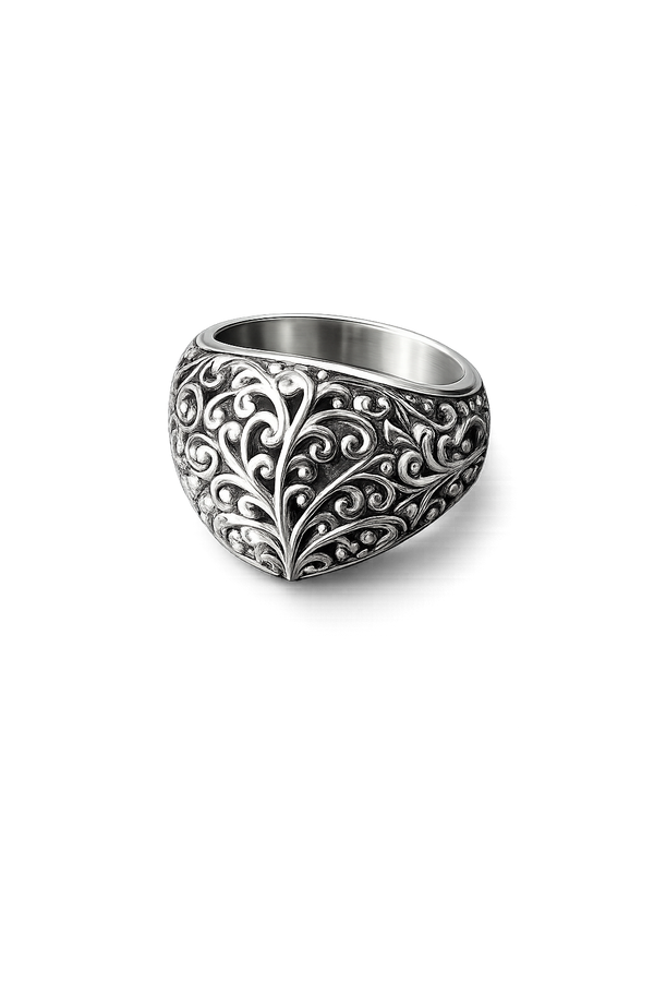 Floral Scroll Signet Ring – Sterling Silver Vintage Engraved Ring